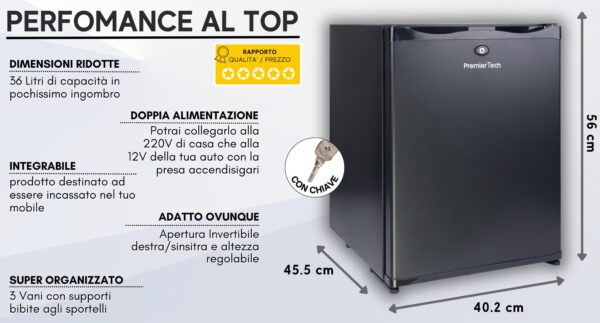 PremierTech Mini Frigo da Incasso 36L Bivalente 220V 12V con chiave PTF36LAD
