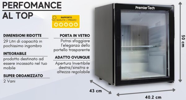 PremierTech Mini Frigo Hotel da Incasso 29L ad Assorbimento con porta in Vetro 220V PTFHG29L