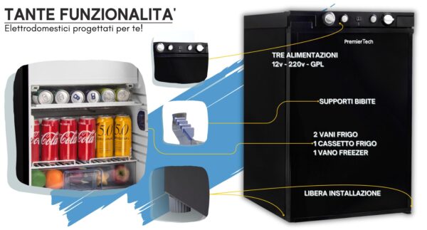 PremierTech Mini Frigo 90L con Congelatore Trivalente 220V 12V Gas Libera Installazione PTF90L3