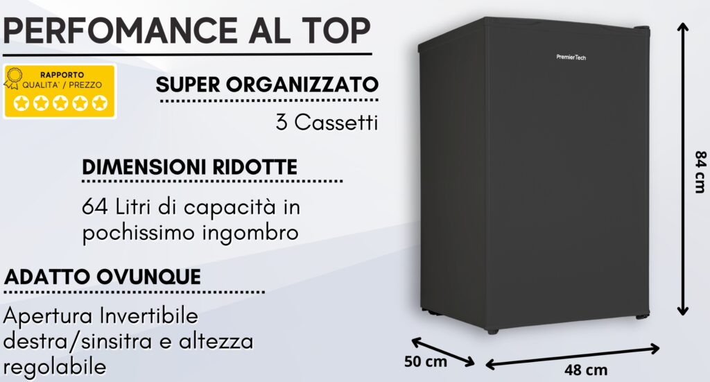 PremierTech Congelatore Verticale Freezer Nero 64 litri -24° Classe E 4**** Stelle 3 Cassetti PT64FRB