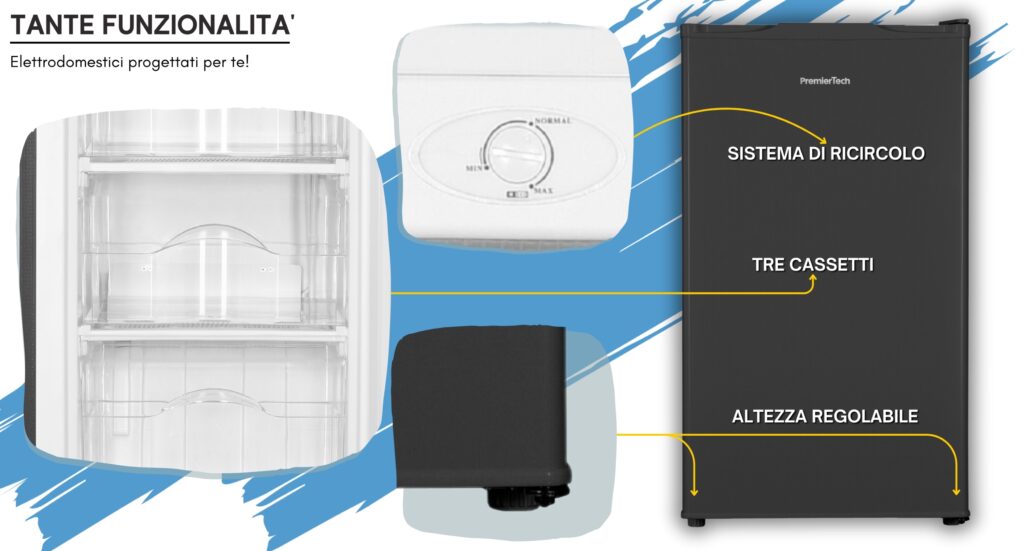 PremierTech Congelatore Verticale Freezer Nero 64 litri -24° Classe E 4**** Stelle 3 Cassetti PT64FRB