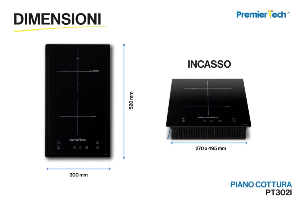 PT302I PremierTech Piano Cottura a Induzione 30cm da Incasso a 2 zone Timer e Blocco