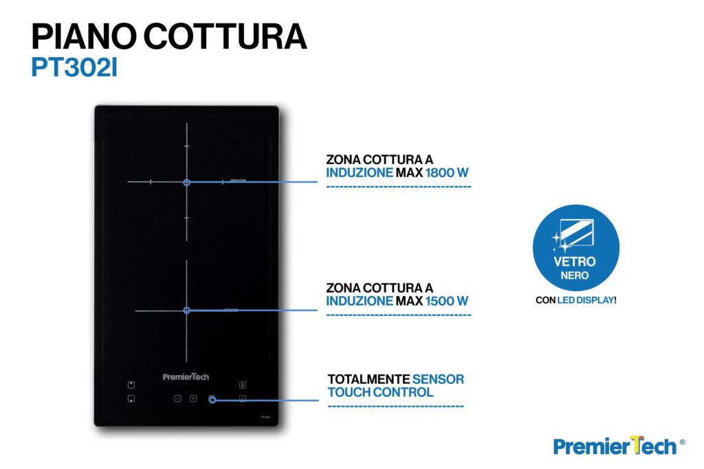 PT302I PremierTech Piano Cottura a Induzione 30cm da Incasso a 2 zone Timer e Blocco