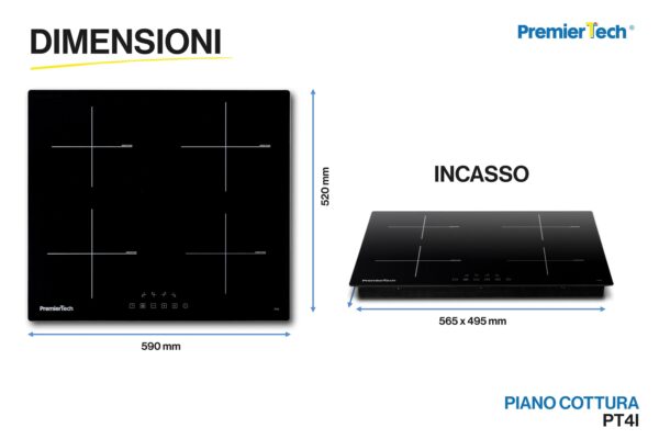 PremierTech Piano Cottura a Induzione 60cm 4 Zone Timer e Blocco sicurezza PT4I
