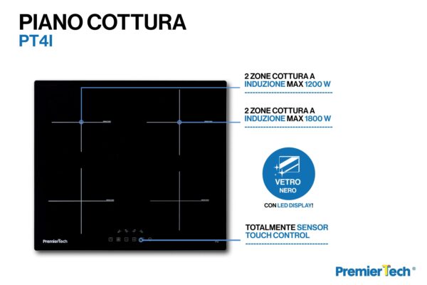 PremierTech Piano Cottura a Induzione 60cm 4 Zone Timer e Blocco sicurezza PT4I