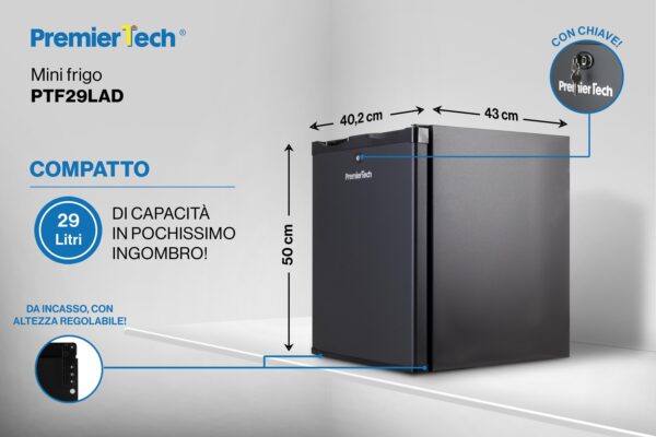 PremierTech Mini Frigo da Incasso 29L Bivalente 220V 12V con chiave PTF29LAD