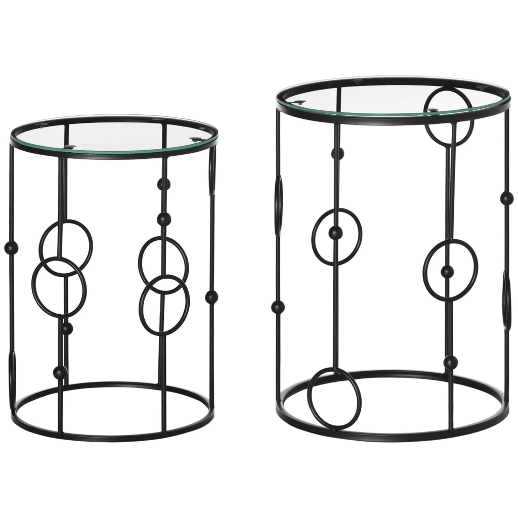 Oigger Set di 2 Tavolini da Caffè Impilabili in Metallo e Vetro Temperato Ø41x57cm e Ø36x51cm