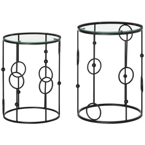 Oigger Set di 2 Tavolini da Caffè Impilabili in Metallo e Vetro Temperato Ø41x57cm e Ø36x51cm