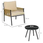 Set da Giardino in Rattan con 2 Poltroncine con Cuscini e Tavolino Rotondo in Vetro