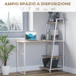 Scrivania Pieghevole con Libreria Salvaspazio in Metallo Bianco e Legno MDF Color Rovere