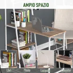 Scrivania Pieghevole con Libreria Salvaspazio in Metallo Bianco e Legno MDF Color Rovere