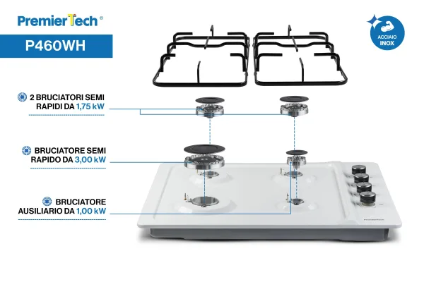 PremierTech Piano cottura a gas 60cm 4 fuochi Bianco P460WH