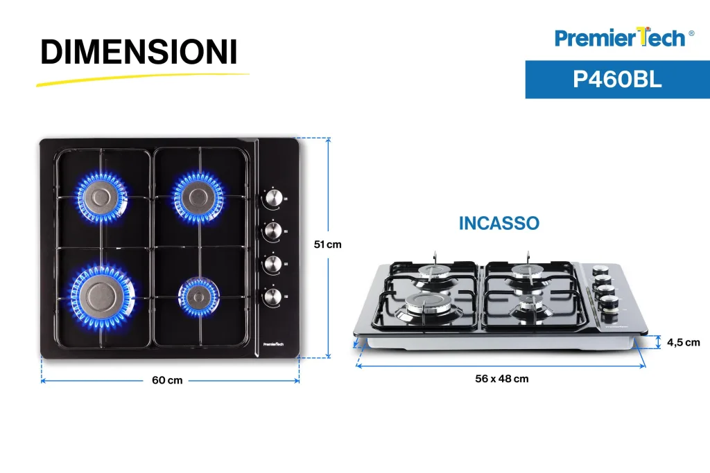 PremierTech Piano cottura a gas 60cm 4 fuochi Nero P460BL