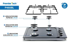 PremierTech Piano cottura a gas 60cm 4 fuochi Nero P460BL