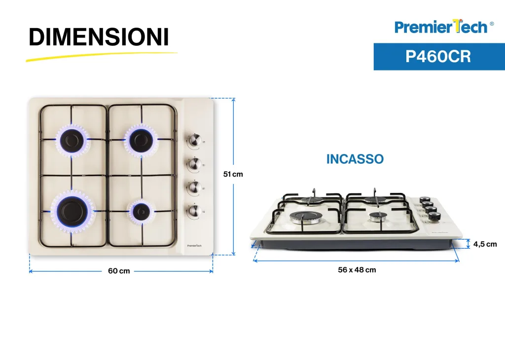 PremierTech Piano cottura a gas 60cm 4 fuochi Crema P460CR