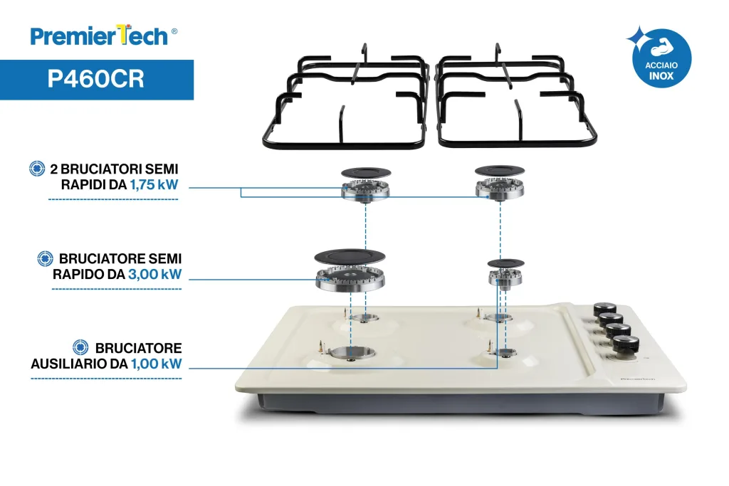 PremierTech Piano cottura a gas 60cm 4 fuochi Crema P460CR