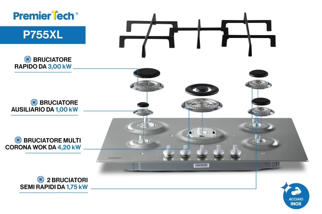 PremierTech Piano cottura a gas 5 fuochi 75cm Inox Luxury PT755LX