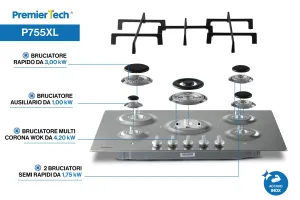 PremierTech Piano cottura a gas 5 fuochi 75cm Inox Luxury PT755LX