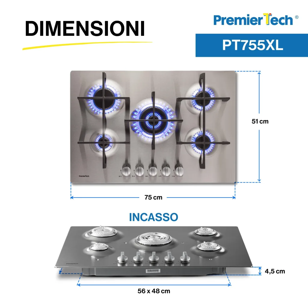 PremierTech Piano cottura a gas 5 fuochi 75cm Inox Luxury PT755LX