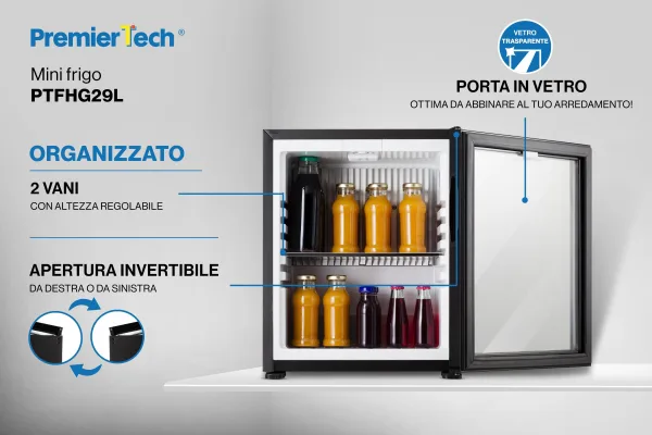PremierTech Mini Frigo Hotel da Incasso 29L ad Assorbimento con porta in Vetro 220V PTFHG29L