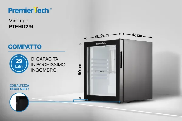 PremierTech Mini Frigo Hotel da Incasso 29L ad Assorbimento con porta in Vetro 220V PTFHG29L