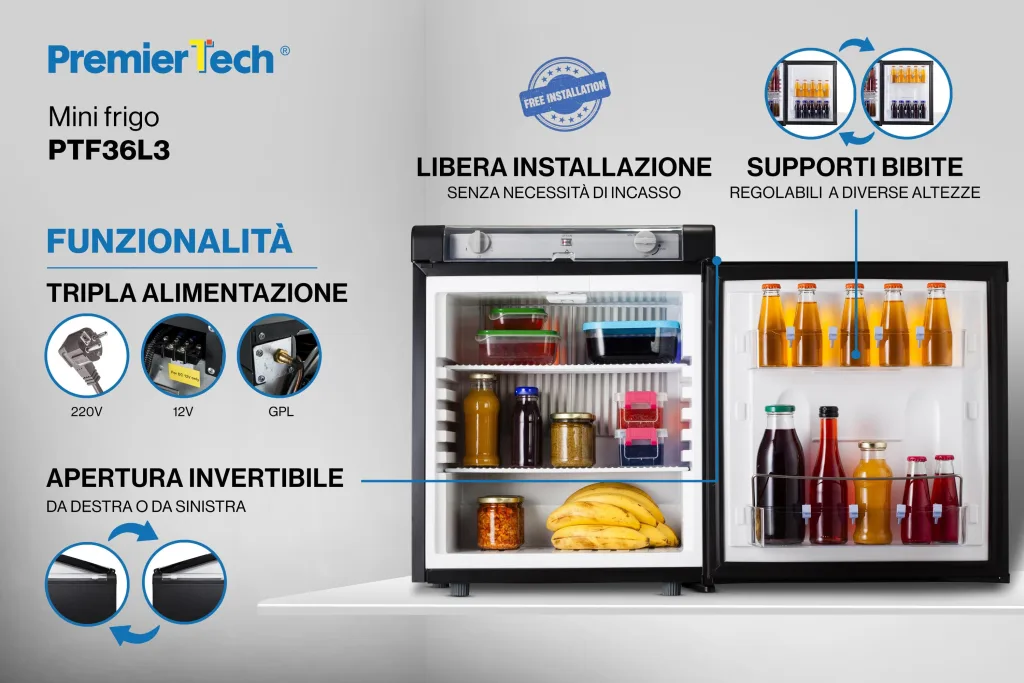 PremierTech Mini Frigo 36L Trivalente 220V 12V Gas Libera Installazione PTF36L3