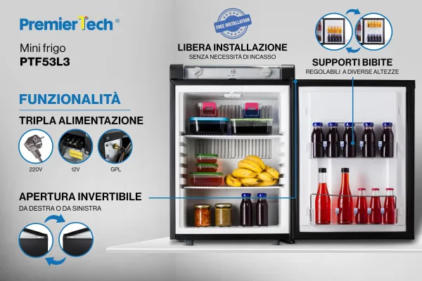 PremierTech Mini Frigo 53L Trivalente 220V 12V Gas Libera Installazione PTF53L3