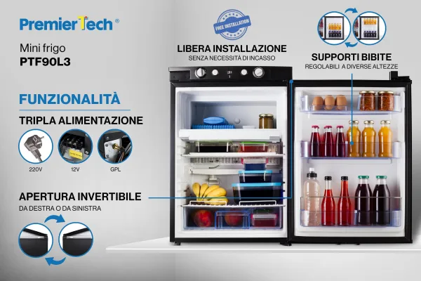 PremierTech Mini Frigo 90L con Congelatore Trivalente 220V 12V Gas Libera Installazione PTF90L3