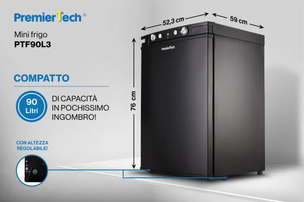 PremierTech Mini Frigo 90L con Congelatore Trivalente 220V 12V Gas Libera Installazione PTF90L3