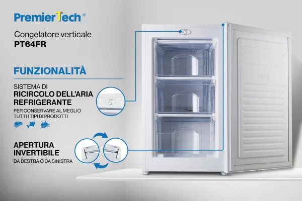 PremierTech Congelatore Verticale Freezer Bianco 64 litri -24° Classe E 4**** Stelle 3 Cassetti PT64FR