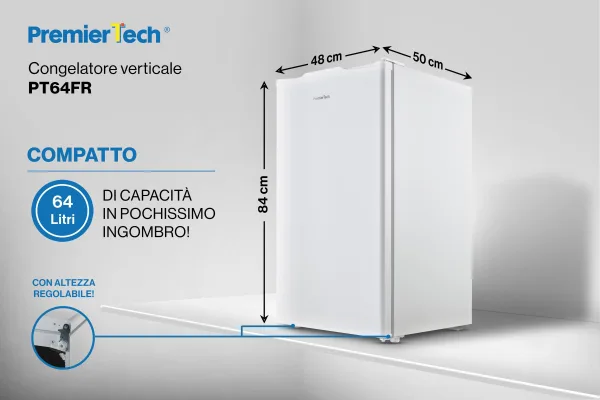 PremierTech Congelatore Verticale Freezer Bianco 64 litri -24° Classe E 4**** Stelle 3 Cassetti PT64FR
