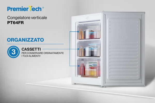PremierTech Congelatore Verticale Freezer Bianco 64 litri -24° Classe E 4**** Stelle 3 Cassetti PT64FR