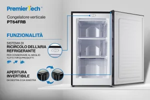 PremierTech Congelatore Verticale Freezer Nero 64 litri -24° Classe E 4**** Stelle 3 Cassetti PT64FRB