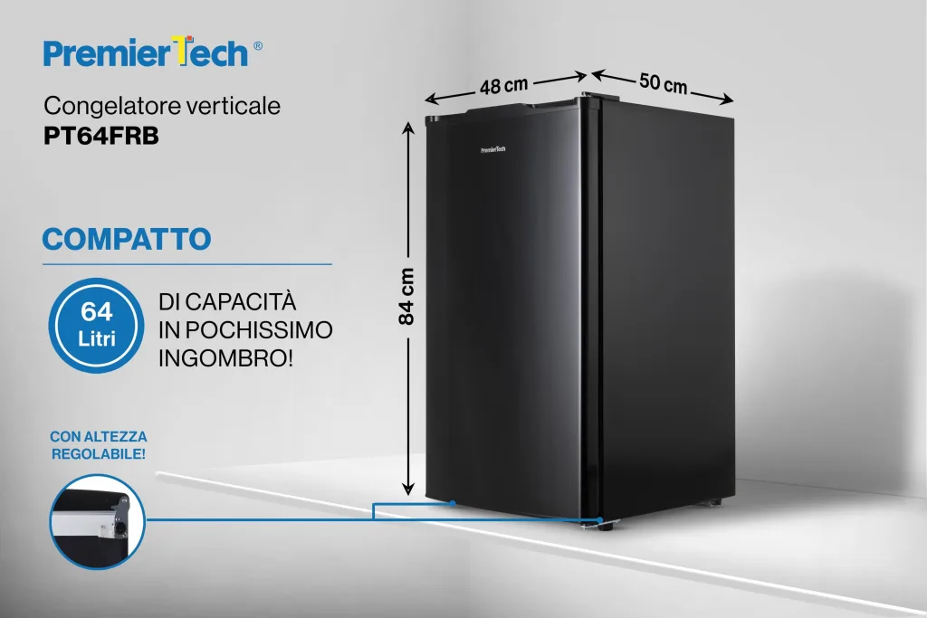 PremierTech Congelatore Verticale Freezer Nero 64 litri -24° Classe E 4**** Stelle 3 Cassetti PT64FRB