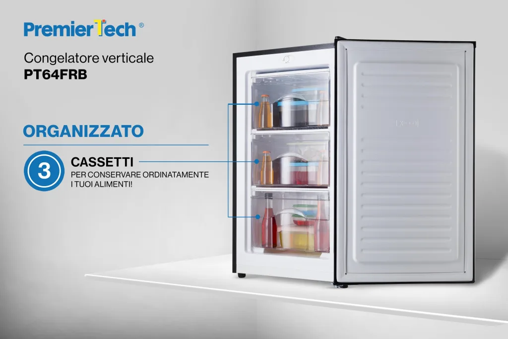 PremierTech Congelatore Verticale Freezer Nero 64 litri -24° Classe E 4**** Stelle 3 Cassetti PT64FRB