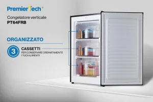 PremierTech Congelatore Verticale Freezer Nero 64 litri -24° Classe E 4**** Stelle 3 Cassetti PT64FRB