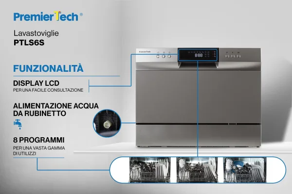 PremierTech PTLS6S Silver Lavastoviglie 6 coperti 8 programmi libera installazione