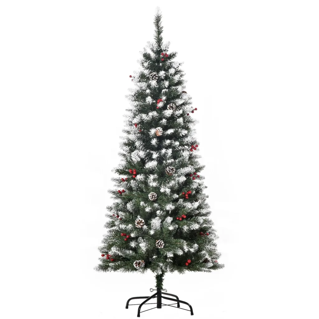 Oigger Albero di Natale Innevato Artificiale 150cm con Bacche Rosse e Pigne Bianche