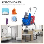 Carrello delle Pulizie Professionale 2 Secchi Capacità 25L Strizzatore 73 × 45 × 92cm