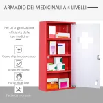 Cassetta Porta Medicine Armadietto Medicinali 4 Livelli Porta in Vetro 60×30×12cm Rosso