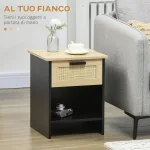 Comodino Stile Boho Chic in Legno e Rattan con Cassetto e Ripiano