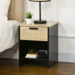 Comodino Stile Boho Chic in Legno e Rattan con Cassetto e Ripiano