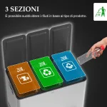 Bidone Immondizia a 3 Sezioni da 20L con Chiusura Silenziosa