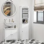 Mobiletto del Bagno a Torre 3 Ripiani Regolabili su 3 Livelli e 1 Ampio Armadietto Inferiore Manopole sull'Anta MDF Bianco 40x23x160cm