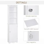 Mobiletto del Bagno a Torre 3 Ripiani Regolabili su 3 Livelli e 1 Ampio Armadietto Inferiore Manopole sull'Anta MDF Bianco 40x23x160cm