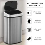 Pattumiera Cestino Bidone con Coperchio a Sensore ad Infrarossi per Cucina Bagno Capacità 58L in Acciaio ABS 40.9 × 28.9 × 68cm