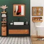 Colonna Bagno con 2 Cassetti e 3 Vani Aperti in Legno MDF e Bambù 30x30x144.3 cm