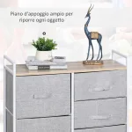 Cassettiera in Metallo Bianco e Legno con 5 Cassetti Pieghevoli e Rimovibili in Tessuto Grigio