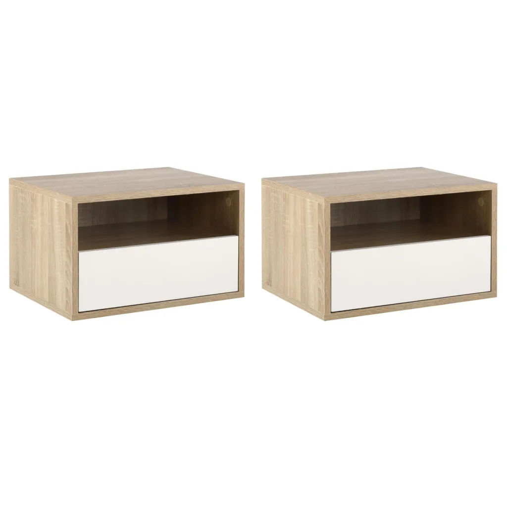 Oigger Set 2 Comodini Sospesi con Cassetto e Ripiano 45x35x27.5cm - Bianco e Color Legno