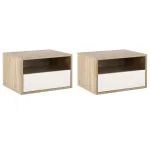 Oigger Set 2 Comodini Sospesi con Cassetto e Ripiano 45x35x27.5cm - Bianco e Color Legno